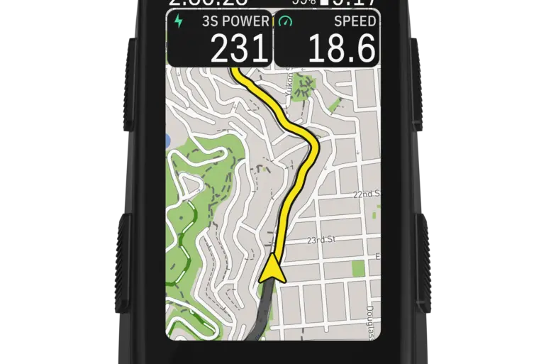 Hammerhead Karoo Fahrradcomputer mit Navigationskarte und Leistungsdaten auf dem Display