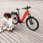 Rotes HNF-NICOLAI UD4 E-Bike mit schwarzem Gepäckträger und Felgenbremsen, neben einer Frau mit Afro-Frisur, Sonnenbrille und weißer Kleidung, die auf einem Holzsteg sitzt.
