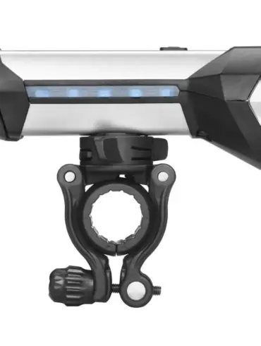 Seitliche Ansicht der IXON Rock Fahrradlampe mit Lenkerhalterung und LED-Anzeige