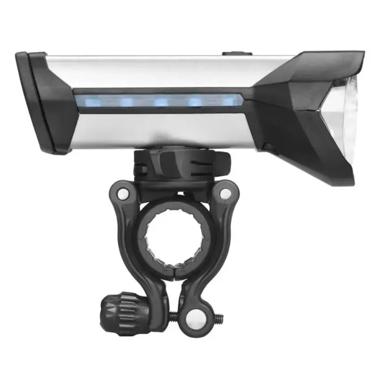 Seitliche Ansicht der IXON Rock Fahrradlampe mit Lenkerhalterung und LED-Anzeige
