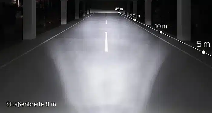 Lichtkegel einer Fahrradlampe auf einer 8 Meter breiten Straße mit Entfernungsmarkierungen