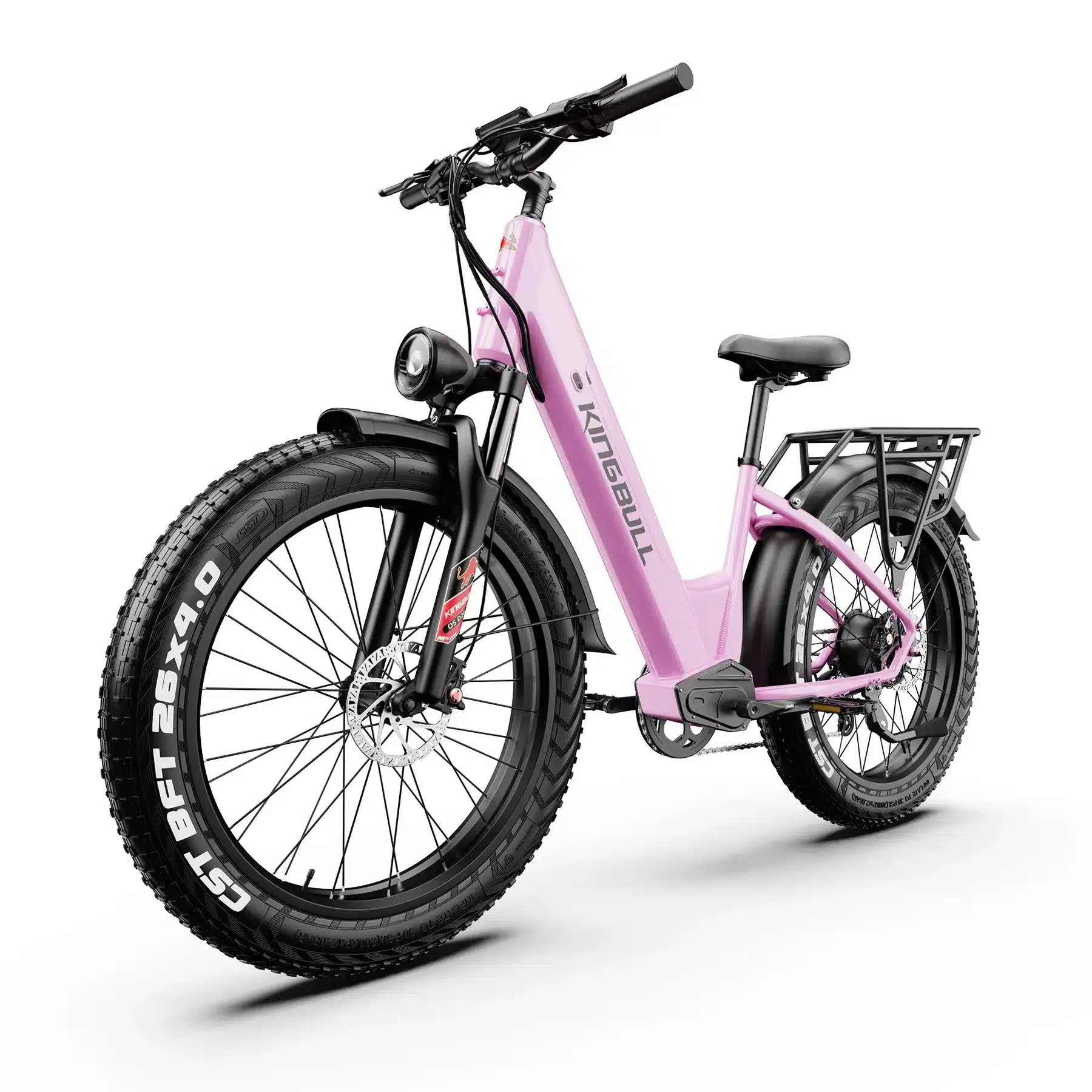 Rosa Kingbull Discover ST 2.0 E-Bike mit breiten Reifen, Gepäckträger und Federgabel. Das Fahrrad steht auf weißem Hintergrund.