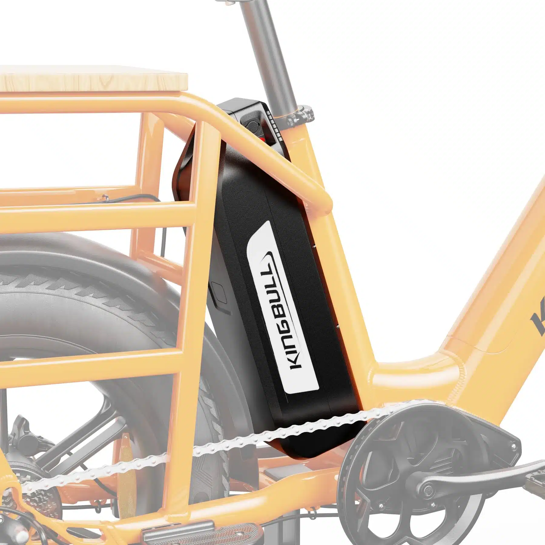 Detailansicht des abnehmbaren Akkus des Kingbull Dual Battery Voyager 2.0 Cargo-E-Bikes.