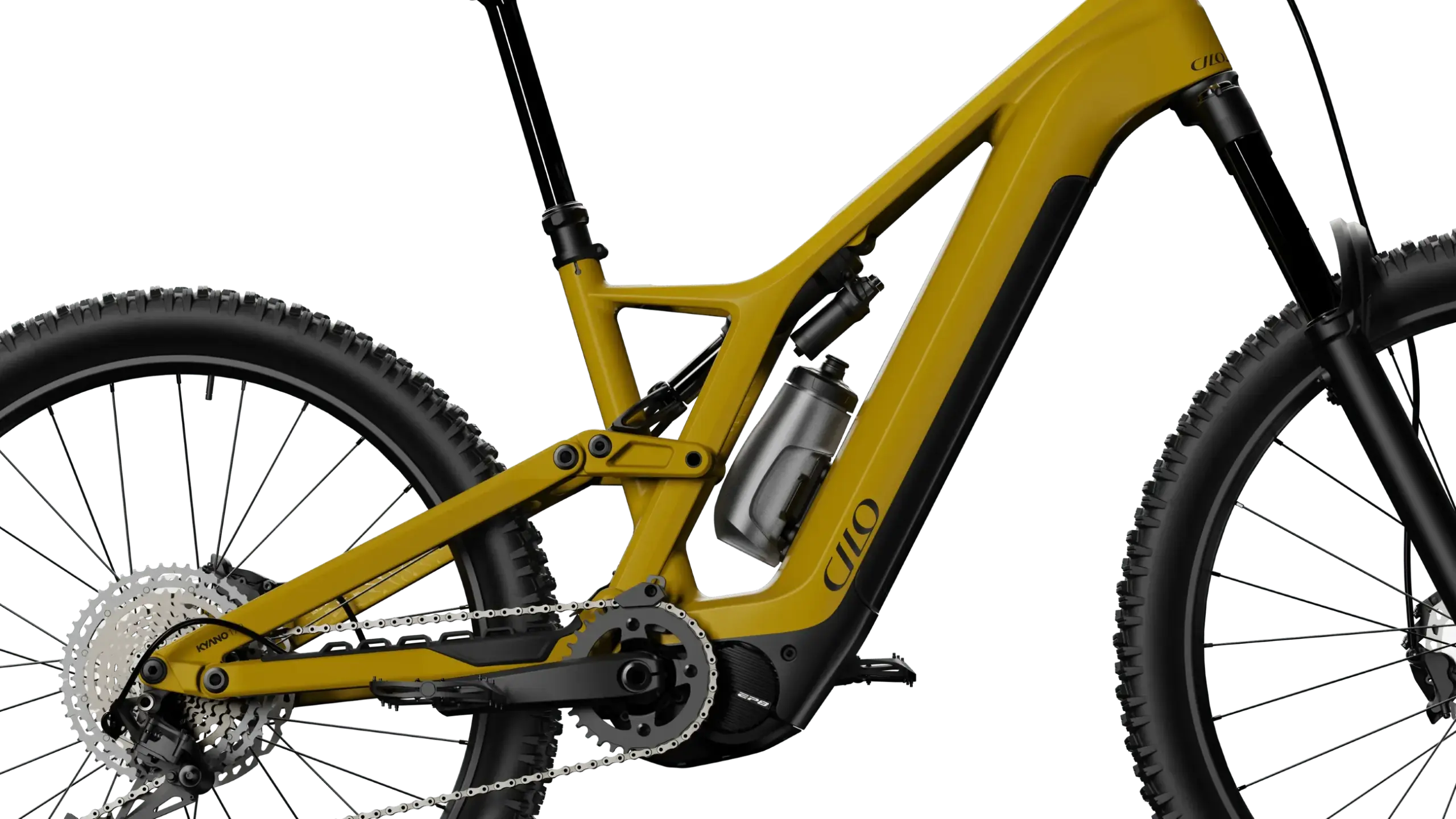 Cilo KYANO HC E-Mountainbike mit goldenem Carbonrahmen, Shimano EP801 Motor und Mixed-Wheel-Setup
