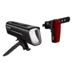 Das OSRAM LEDsBIKE RACE 100 SET bestehend aus Frontlicht und Rücklicht für Fahrräder, beide in schwarzem Gehäuse mit moderner LED-Technik