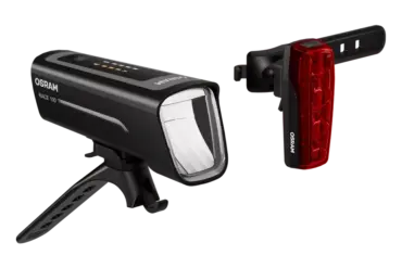 Das OSRAM LEDsBIKE RACE 100 SET bestehend aus Frontlicht und Rücklicht für Fahrräder, beide in schwarzem Gehäuse mit moderner LED-Technik