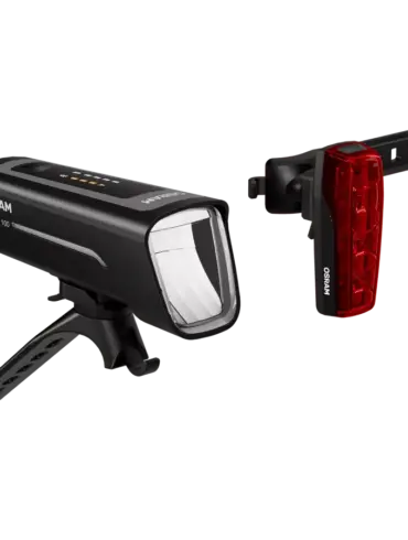 Das OSRAM LEDsBIKE RACE 100 SET bestehend aus Frontlicht und Rücklicht für Fahrräder, beide in schwarzem Gehäuse mit moderner LED-Technik