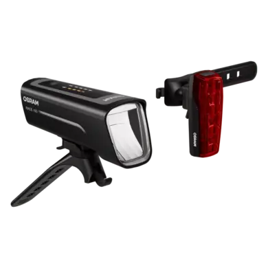 Das OSRAM LEDsBIKE RACE 100 SET bestehend aus Frontlicht und Rücklicht für Fahrräder, beide in schwarzem Gehäuse mit moderner LED-Technik