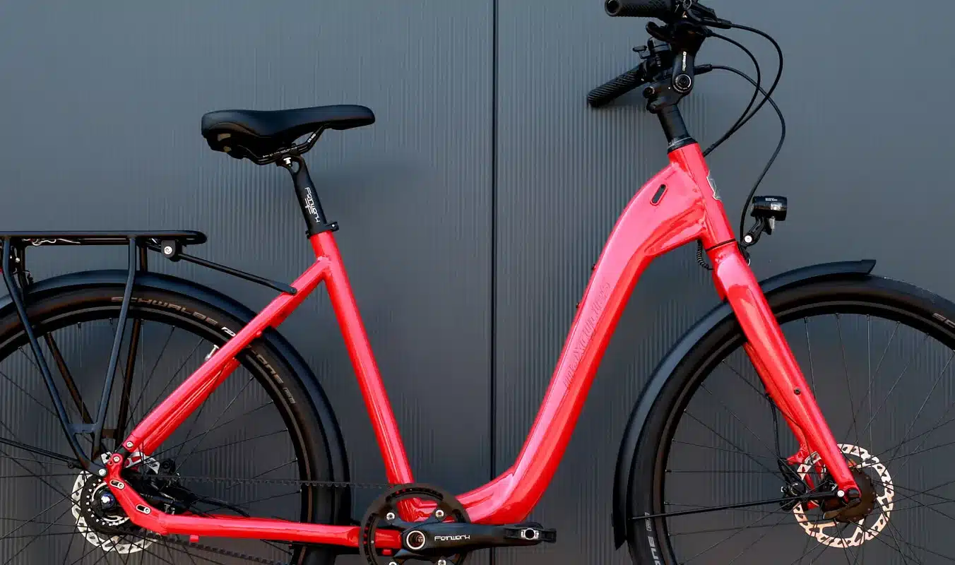 Nahaufnahme eines roten Lite Step 2 Fahrrads mit Fokus auf den Rahmen, das Hinterrad mit Gepäckträger, die Sattelstütze und die Vorderradgabel mit Scheibenbremse.