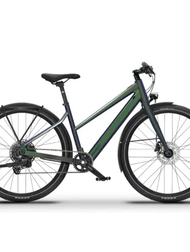 Seitenansicht eines grünen LUMO Terra Trekking E-Bikes auf weißem Hintergrund.