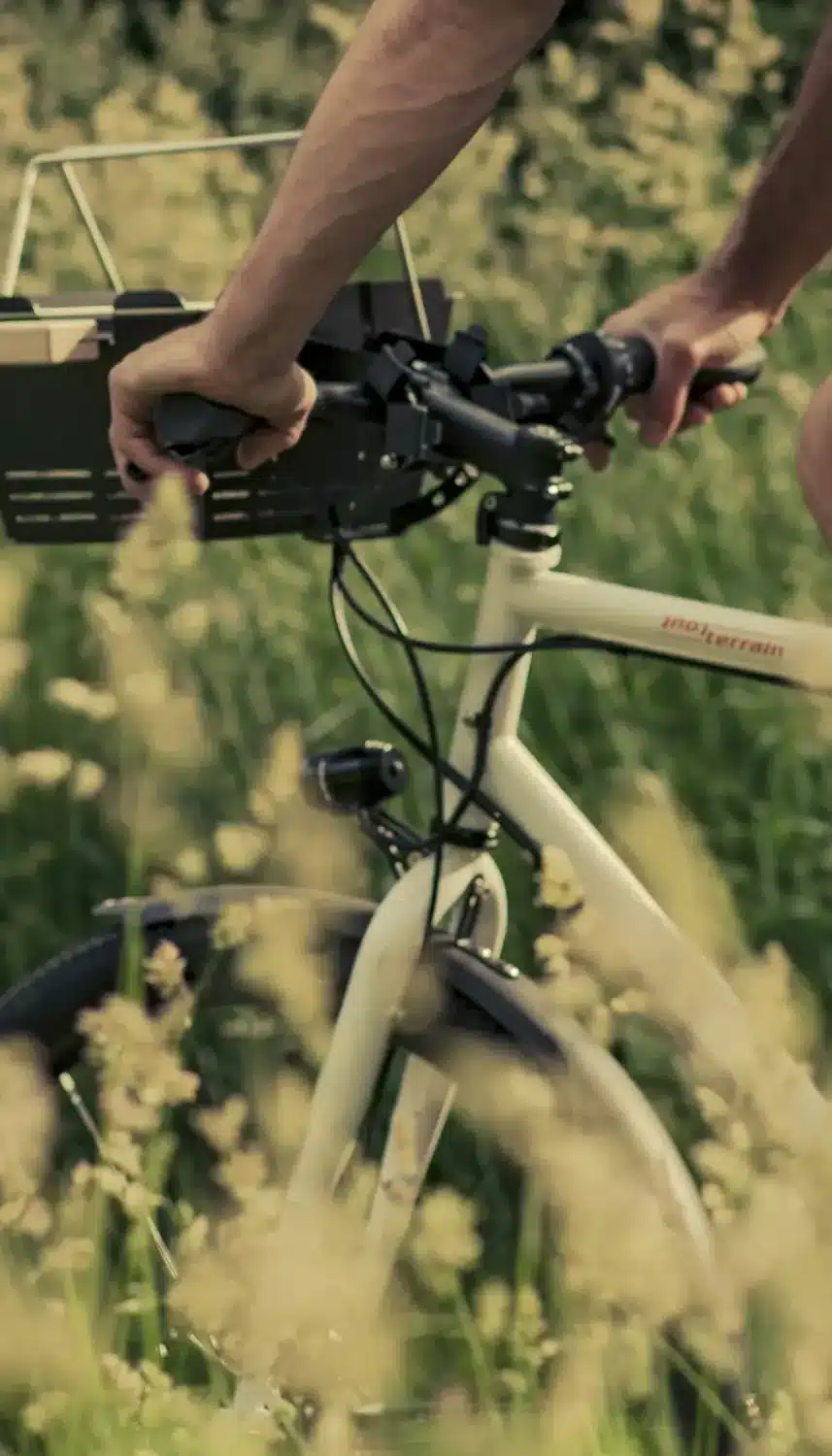 Nahaufnahme des Lenkers und der Hände, die ihn auf einem Tout Terrain Metropolitan Fahrrad halten, das auf einem Feld mit hohem Gras fährt.