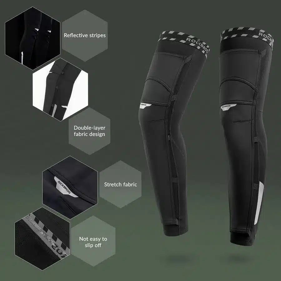 ROCKBROS Beinlinge Beinwärmer in Schwarz mit reflektierenden Streifen und doppelter Stoffschicht