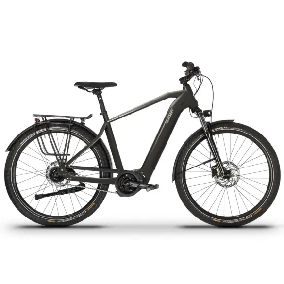 Schwarzes PASIO Vilago Urban E-Bike mit Gepäckträger und Vollschutzblechen. Das Fahrrad ist von vorne und hinten zu sehen und steht auf einem weißen Hintergrund.