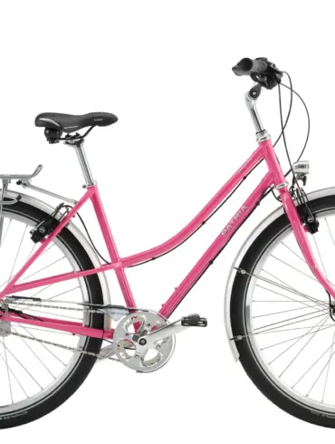 Pinkfarbenes Patria Potsdam Fahrrad mit Ballonreifen, silbernem Stahlrahmen, Gepäckträger, Schutzblechen und Shimano Schaltung, freigestellt auf weißem Hintergrund.
