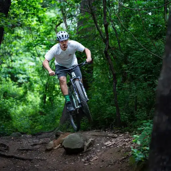 Ein Mountainbiker mit Helm und weißem T-Shirt fährt auf einem Hardtail-Bike einen felsigen und wurzeligen Waldweg entlang. Die Reifen sind breit und das Fahrrad scheint gut für anspruchsvolles Gelände geeignet zu sein.