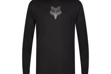 Schwarzes Langarmtrikot mit Fox Head Logo auf der Brust, geeignet für Mountainbiker