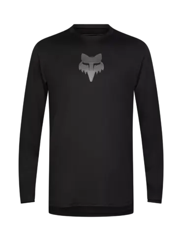 Schwarzes Langarmtrikot mit Fox Head Logo auf der Brust, geeignet für Mountainbiker