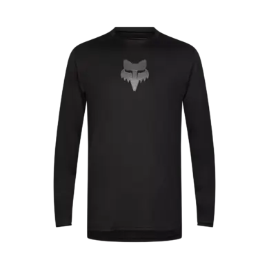 Schwarzes Langarmtrikot mit Fox Head Logo auf der Brust, geeignet für Mountainbiker