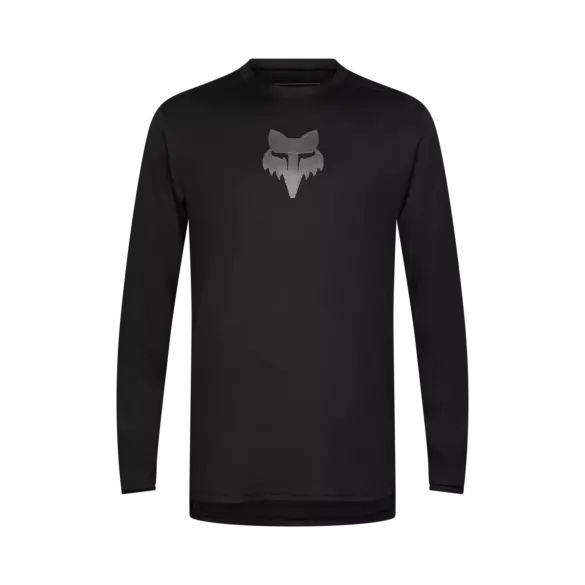 Schwarzes Langarmtrikot mit Fox Head Logo auf der Brust, geeignet für Mountainbiker