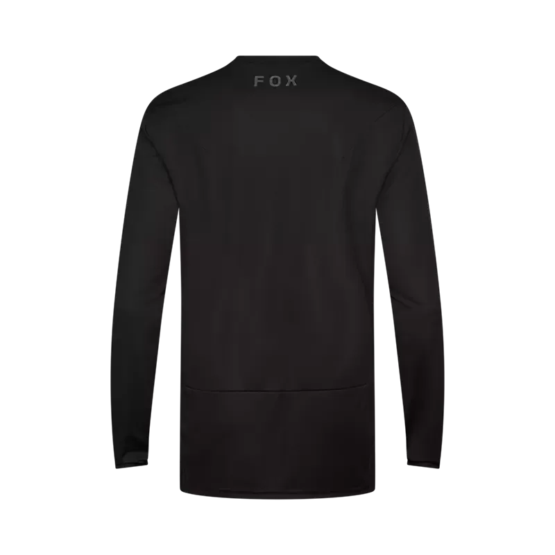 Schwarzes langärmliges Mountainbike-Trikot von Fox, Rückansicht, mit dezentem Logo im Nackenbereich