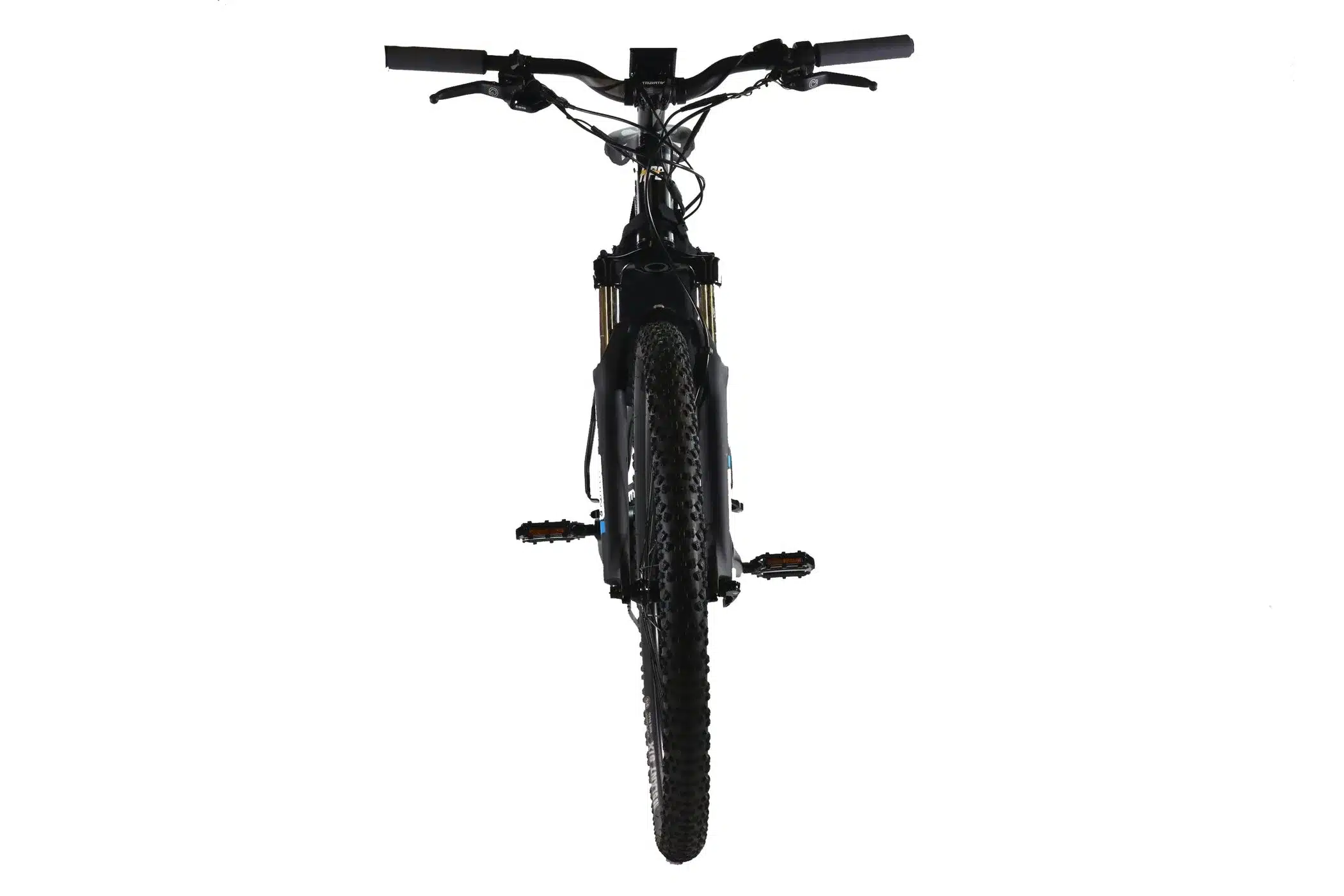 Schwarzes E-Bike Recon-M von Montague mit breiten Reifen und Federgabel, von vorne gesehen.