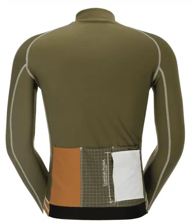 Rückansicht des SCOTT Pro Warm LS-Remix Langarmtrikots für Herren in olivgrün mit farbigen Rückentaschen