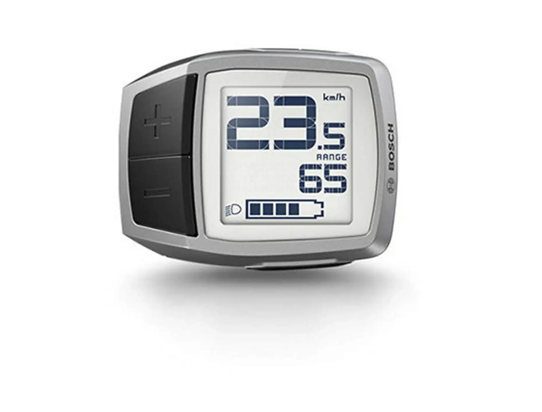 Bosch Purion Compact Display mit Anzeige von 23.5 km/h, 65 km Reichweite und vollem Akku.