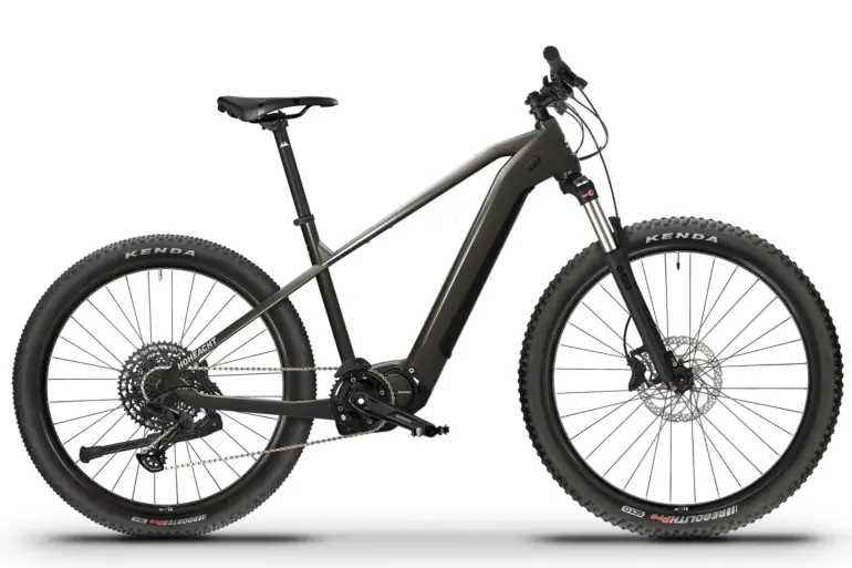 SENTO Roko E-MTB Hardtail in dunklem Grau, von der Seite in Studioaufnahme gezeigt.