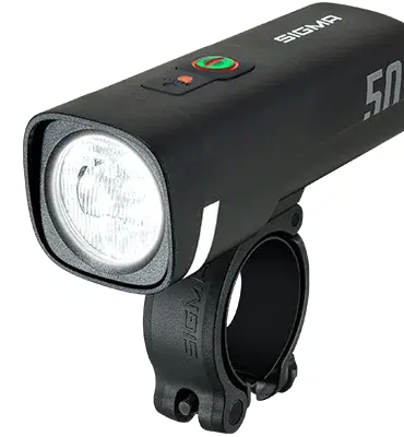 Sigma AURA 50 Frontleuchte mit Halterung, schwarze kompakte Fahrradlampe mit 50 Lux Leuchtkraft
