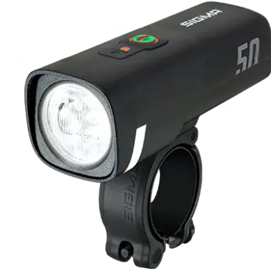 Sigma AURA 50 Frontleuchte mit Halterung, schwarze kompakte Fahrradlampe mit 50 Lux Leuchtkraft