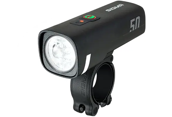 Sigma AURA 50 Frontleuchte mit Halterung, schwarze kompakte Fahrradlampe mit 50 Lux Leuchtkraft