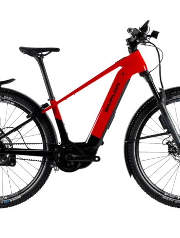 Rotes Simplon Sengo e SUV E-Bike mit integriertem Bosch-Antrieb, Federgabel und Gepäckträger.