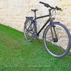 Seitenansicht eines schwarzen Maxcycles Smash Lite Fahrrads mit Gepäckträger, das an einer groben Steinmauer steht.