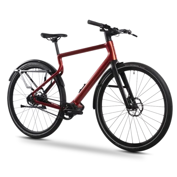 Rotes STADTFUCHS Urban E-Bike mit modernem Stahlrahmen und sportlichem Design