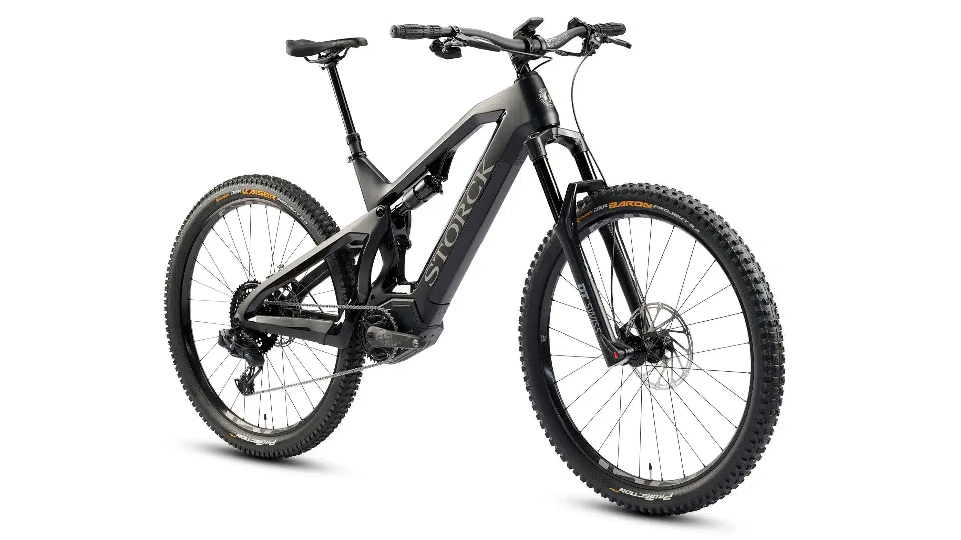 Schwarz lackiertes Storck E-MTB e:drenalin.2 SRS mit Federgabel und gedämpftem Hinterbau.