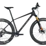 Seitenansicht eines schwarzen Storck Rebel.4 Cross-Country-Mountainbikes mit 29-Zoll-Laufrädern und goldfarbener Federgabel.