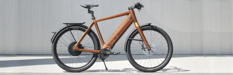 Stromer ST3 Pinion S-Pedelec in Ipanema Brown mit Riemenantrieb und Gepäckträger, seitliche Ansicht