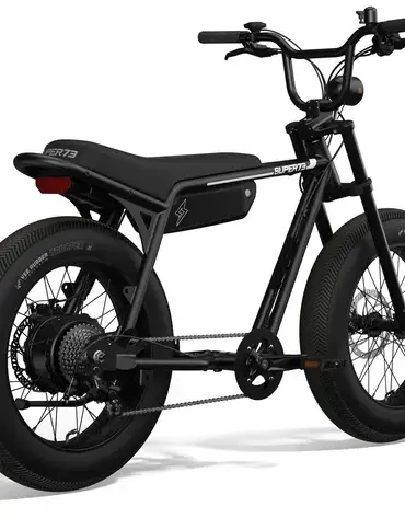 Schwarz lackiertes SUPER73-Z Miami E-Bike mit breiten Reifen, auffälligem Lenker und charakteristischem Rahmen.