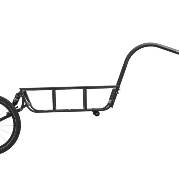 Schwarz lackierter einspuriger Fahrradanhänger Tout Terrain Mule mit Federung und Anhängerkupplung auf weißem Hintergrund.