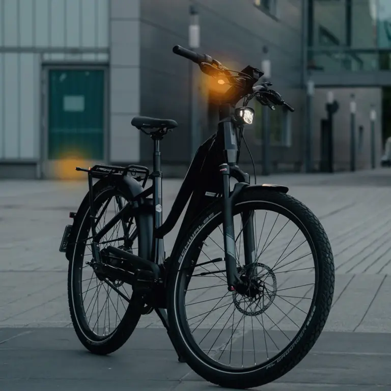 E-Bike mit aktiviertem TURNTEC T4 Blinker-System von Busch + Müller, Blinker leuchten vorne und hinten