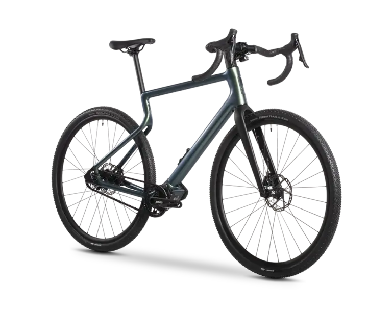 Das Urwahn WALDWIESEL Gravel E-Bike mit Softride-Stahlrahmen, Pinion Smart.Shift-Antrieb und breiten Continental Terra Trail-Reifen in Seitenansicht