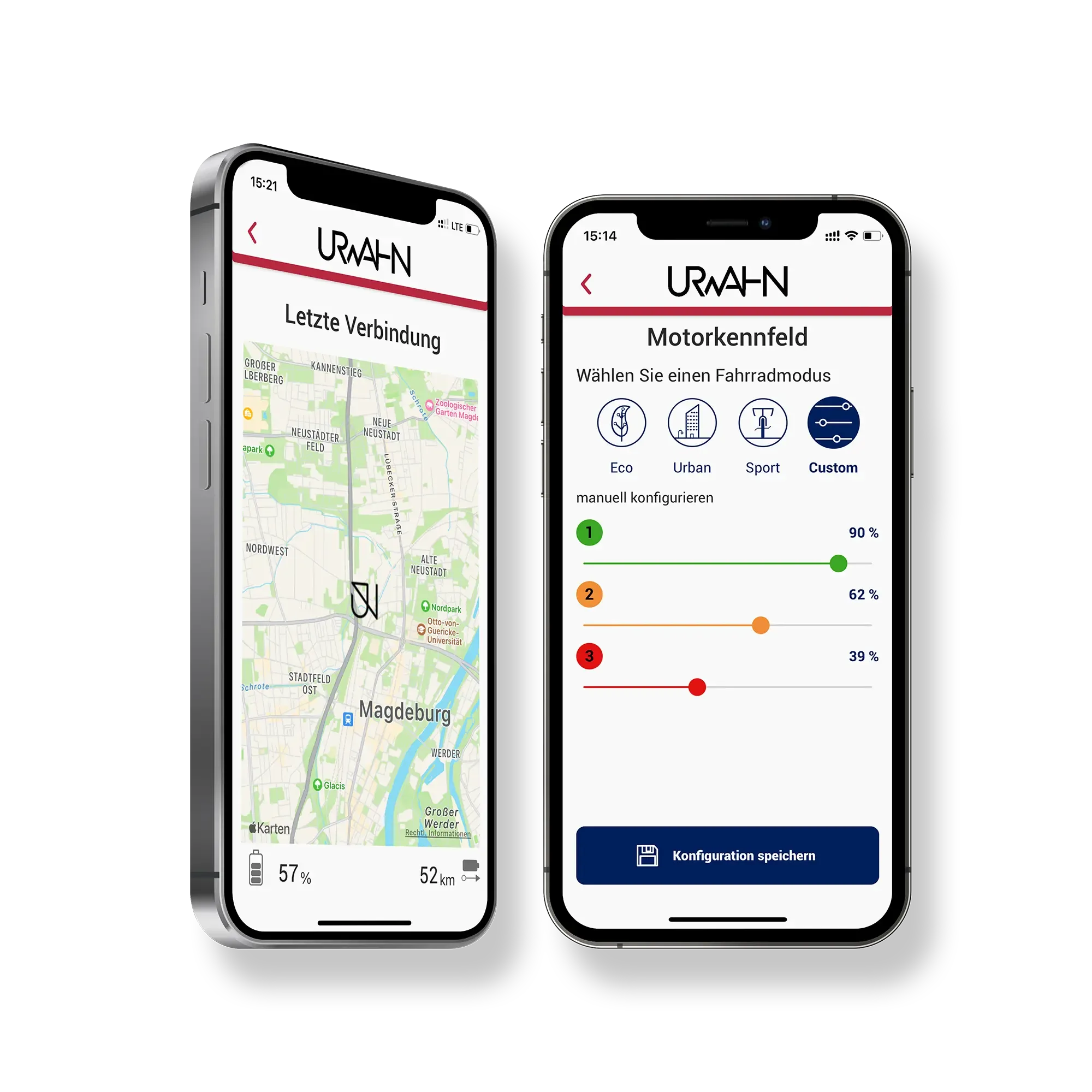 Zwei Smartphones mit geöffneter Urwahn Smart Bike App, die eine Kartenansicht und die Einstellung verschiedener Fahrmodi zeigt.