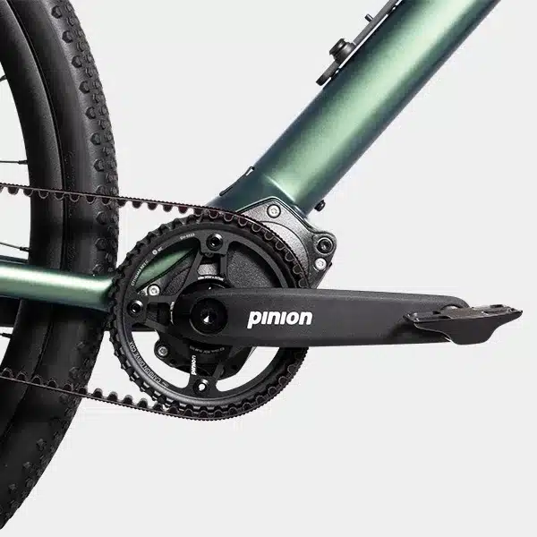 Nahaufnahme des Pinion-Getriebes mit GATES-Riemenantrieb am Urwahn WALDWIESEL Gravel E-Bike