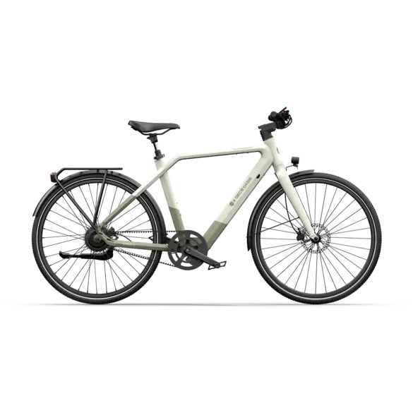 Ein weiß-grünes ADO AIR 30 Pro Ultra E-Bike von der Seite gesehen.
