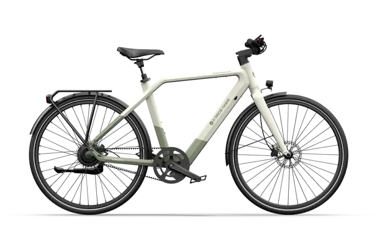 Ein weiß-grünes ADO AIR 30 Pro Ultra E-Bike von der Seite gesehen.