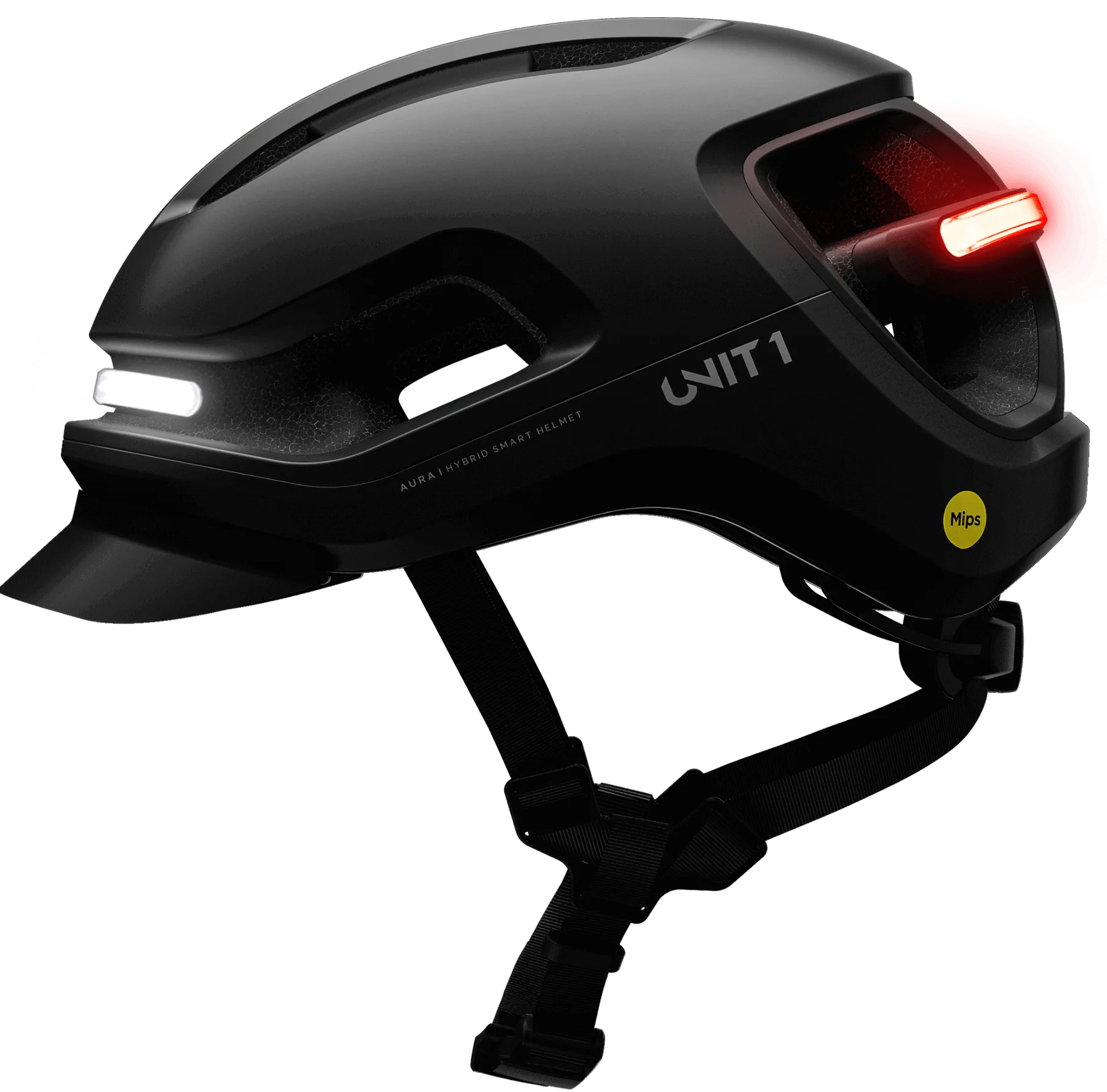 Schwarzer UNIT 1 AURA Mips Fahrradhelm mit integrierter weißer Frontbeleuchtung und rotem Rücklicht.