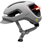 Grauer UNIT 1 AURA Mips Smart-Helm mit integriertem weißem Frontlicht und rotem Rücklicht, Mips-Logo und Belüftungsöffnungen.