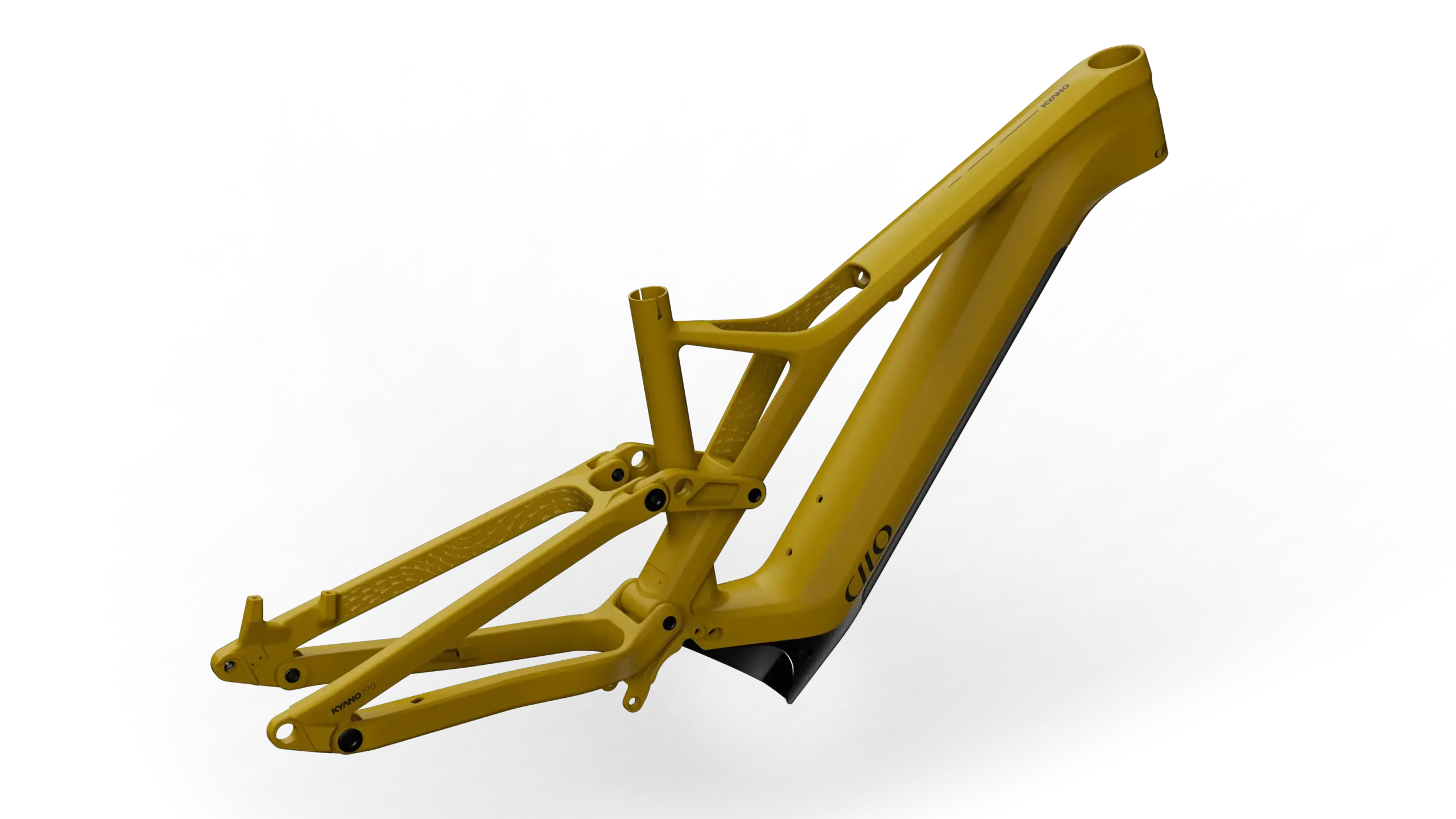 Gelber Carbon-Rahmen des CILO Kyano HC E-Enduro-Mountainbikes, isoliert vor einem dunklen Hintergrund.