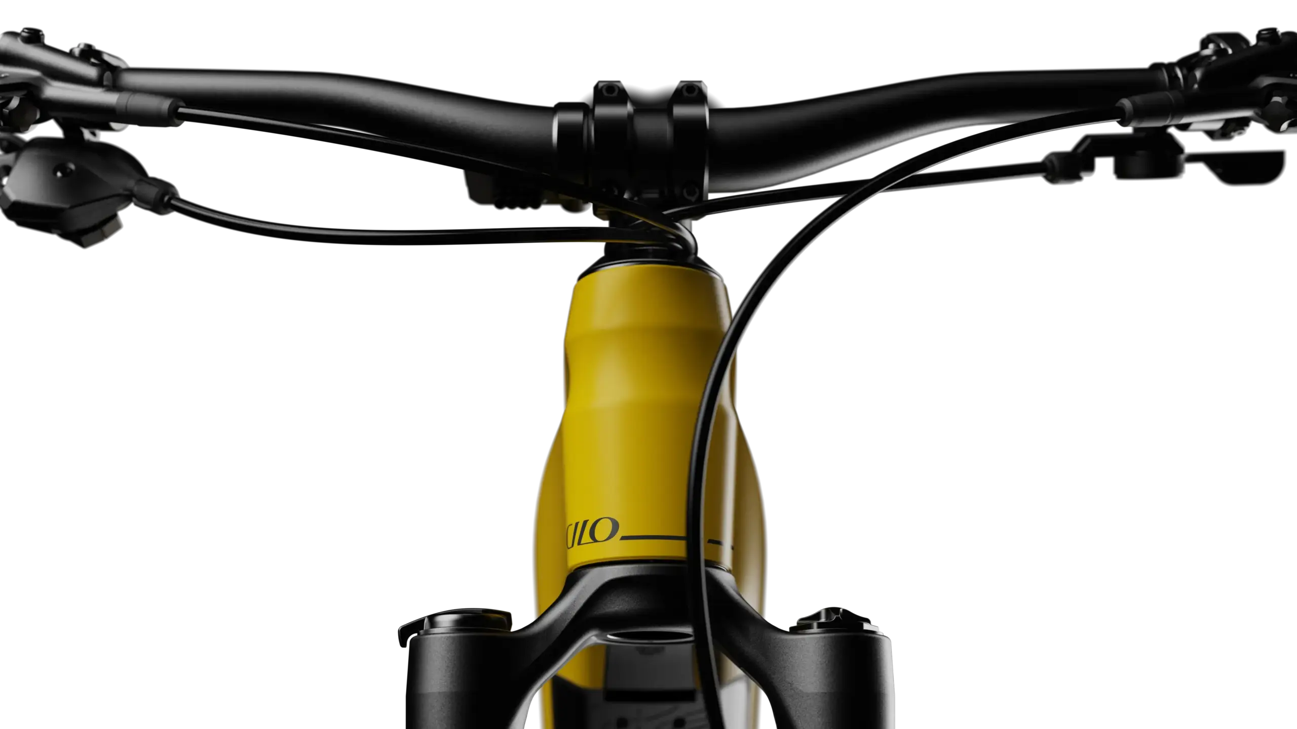 Vordere Ansicht eines gelben CILO Kyano HC E-Mountainbikes mit Fokus auf Lenker, Vorbau und Federgabel.