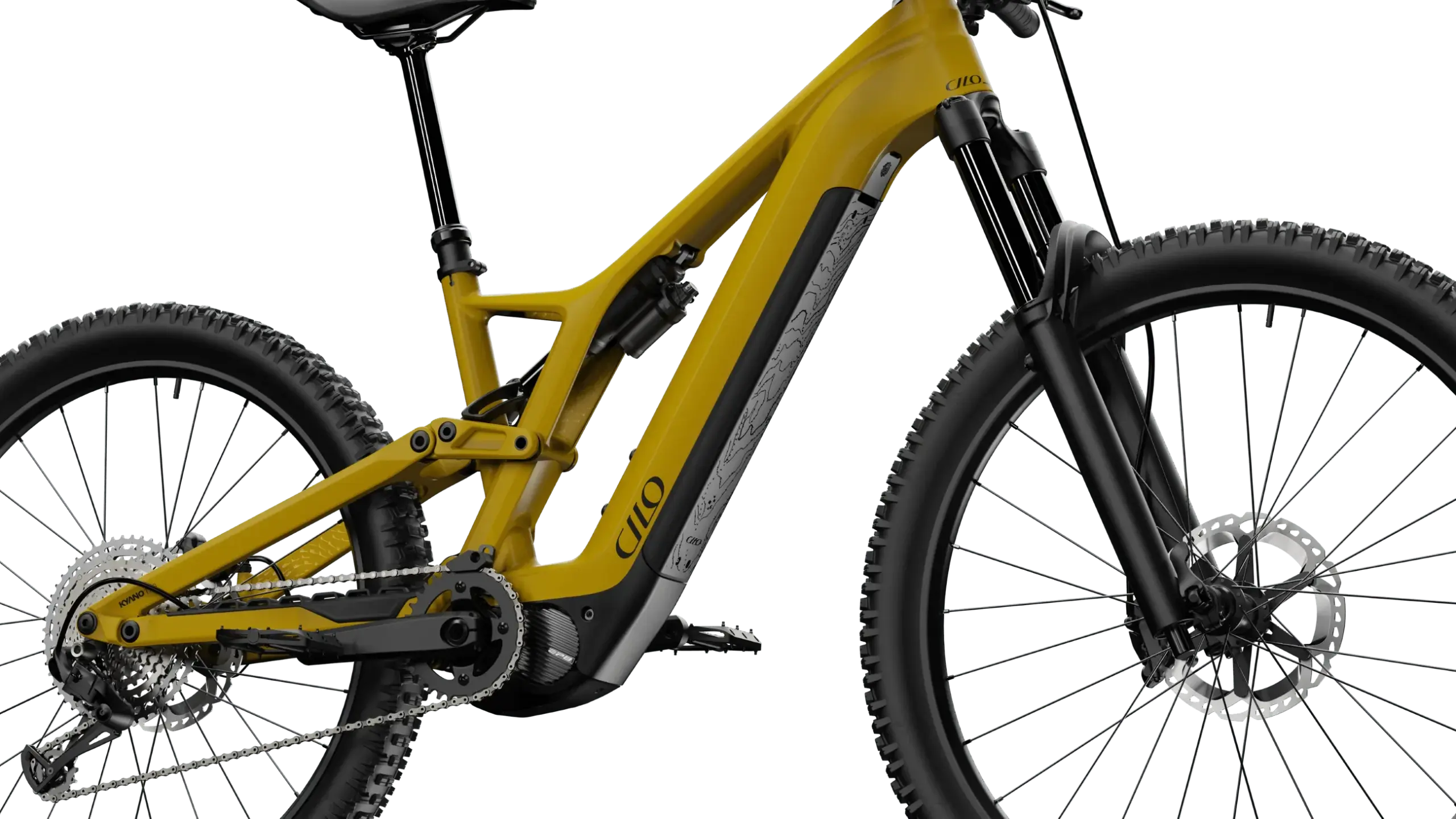 Ein gelbes CILO Kyano HC Enduro E-Mountainbike mit Fokus auf den Mittelteil des Rahmens, inklusive Dämpfer, Unterrohr mit integriertem Akku und Kurbelgarnitur. Sichtbar sind auch die Vorderradgabel und das Hinterrad mit Kassette und Schaltwerk.